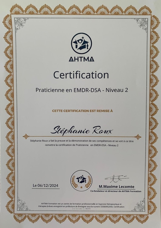 Certification Practicienne en EMDR DSA niveau 2 Stephanie