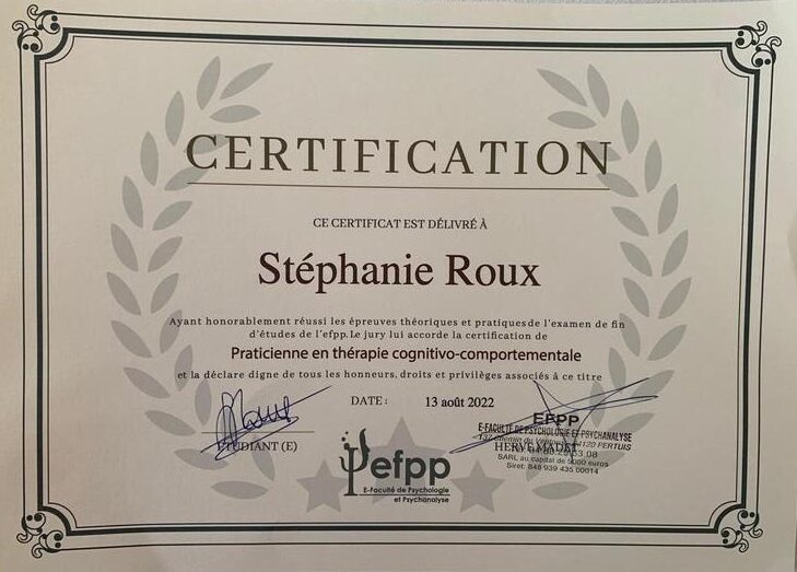 Certification Practicienne en therapie cognitivo comportementaleStephanie Roux rotated e1767454865735